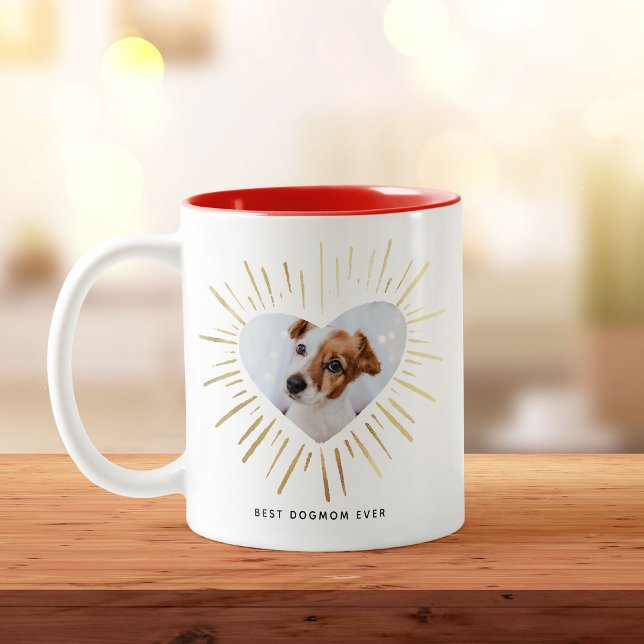 BEST DOGMOM EVER Photo Gold Heart Mother's Day Two-Tone Coffee Mug (Creator Uploaded)