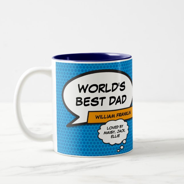 Best Ever Dad, Daddy, Father Fun Comic Book Blue Two-Tone Coffee Mug (Left)