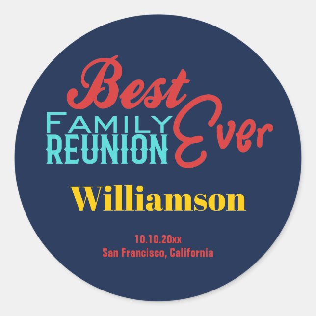 Best Ever Family Reunion Monogram Modern Blue Classic Round Sticker (Front)