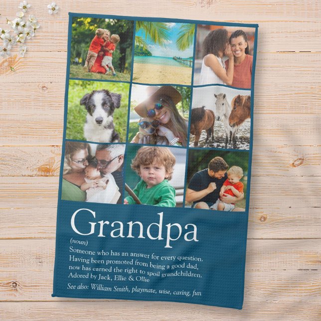 Best Ever Grandfather Grandpa Photo Collage Blue Tea Towel (Creator Uploaded)