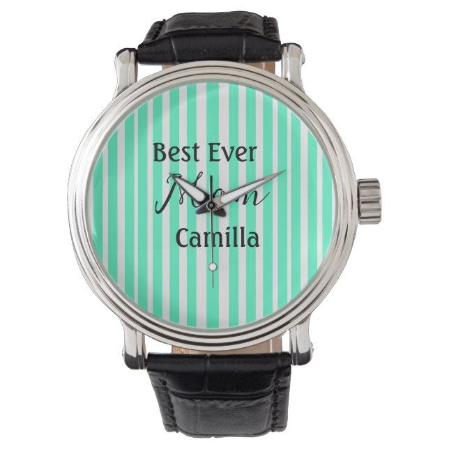 Best ever mom green stripped pattern pastel neon  watch (Front)