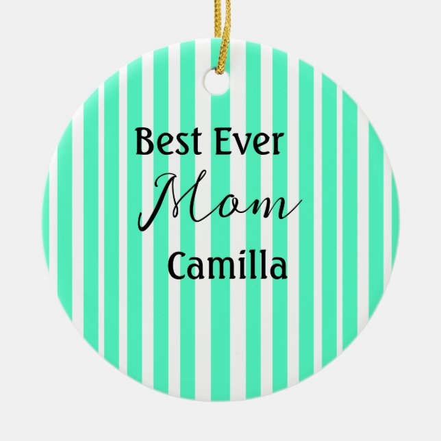 Best ever mum green stripped pattern pastel neon  ceramic tree decoration (Front)