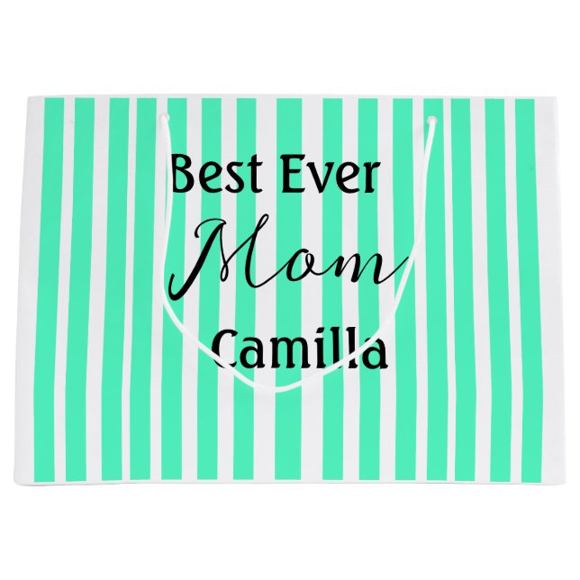 Best ever mum green stripped pattern pastel neon  large gift bag (Front)
