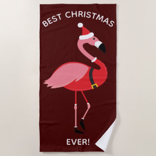 Best Ever Pink Flamingo Santa Burgundy Christmas Beach Towel