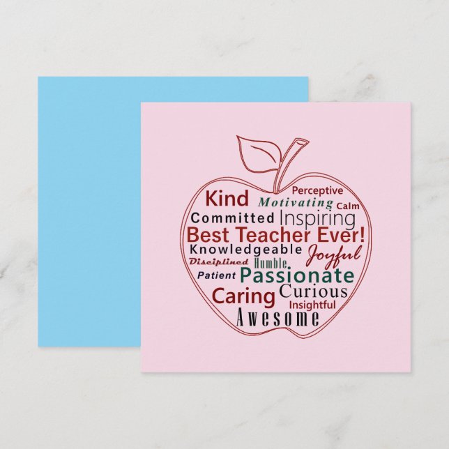 Best Ever Teacher Appreciation Red Apple Pink Blue Card (Front/Back)
