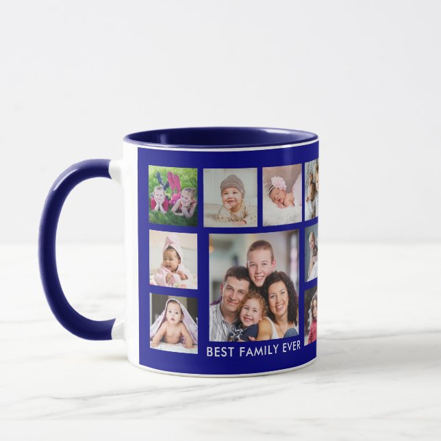 Best Family Ever Name 18 Photo Collage Navy Blue Mug (Left)
