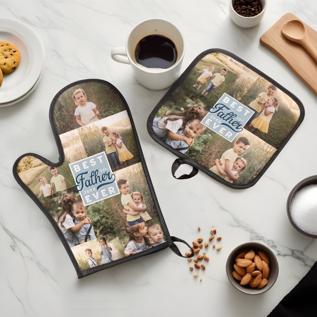 Best Father Ever Custom Family Photo Collage Oven Mitt & Pot Holder Set (Best Father Ever Custom Family Photo Collage Oven Mitt & Pot Holder Set)