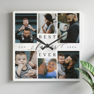 Best Father Ever   Father's Day 6 Photo Collage Square Wall Clock