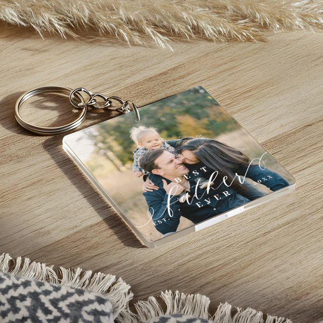 Best Father Ever Script Fathers Day Photo Keepsake Key Ring (Best Father Ever Script Fathers Day Photo Keepsake Keychain)