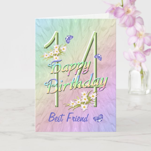 Best Friend 14th Birthday Butterfly Garden Card (Orchid)