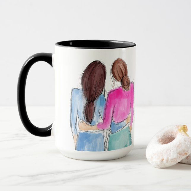 Best Friend Gift Two brunette girls watercolor Mug (With Donut)