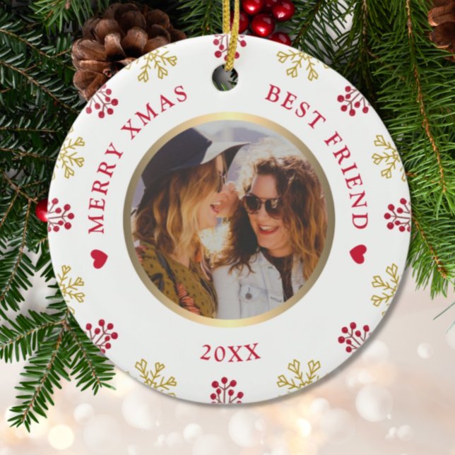 Best Friend Photo Snowflakes Berries Christmas Ceramic Tree Decoration (Creator Uploaded)