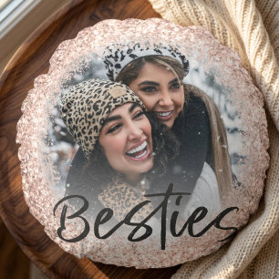 Best Friend Pink Girly Glitter Photo Round Cushion