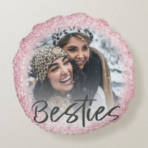Best Friend Pink Girly Glitter Photo Round Cushion