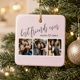 Best Friends 3 Photo Collage Keepsake Blush Pink Ceramic Ornament