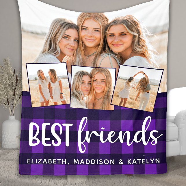 Best Friends 4 Photo Collage Trendy Purple Plaid Fleece Blanket (Creator Uploaded)