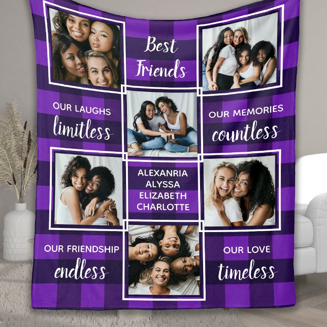 Best Friends 6 Photo Collage Unique Purple Plaid Fleece Blanket (Creator Uploaded)