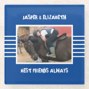 Best friends always horse photo deep blue glass coaster
