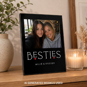 Best Friends Bestie Heart Typography Black Photo Plaque