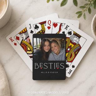 Best Friends Bestie Heart Typography Black Photo Playing Cards