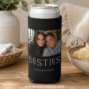 Best Friends Bestie Heart Typography Black Photo Seltzer Can Cooler