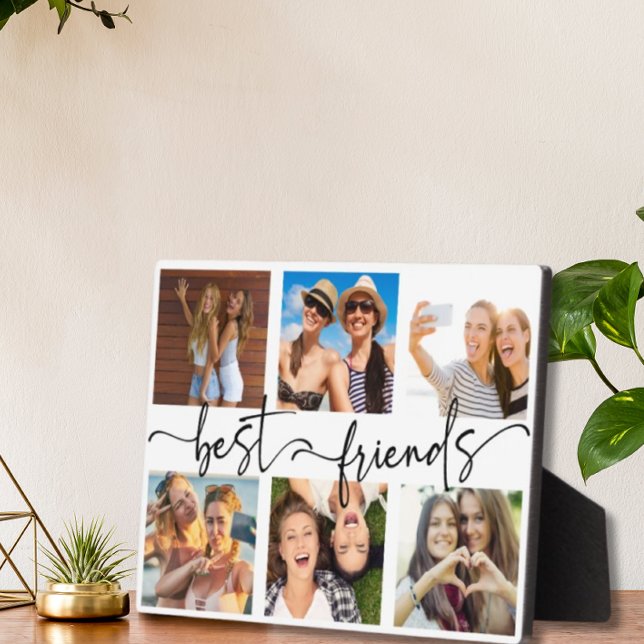 Best Friends Bestie Photo Collage Trendy Script Plaque (Creator Uploaded)
