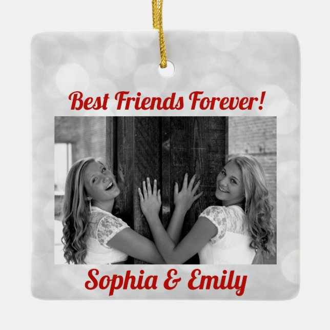 Best Friends Besties BFF Add Photo Names Cute Ceramic Ornament (Front)