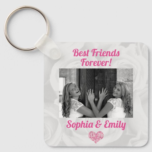 Best Friends Besties BFF Add Photo Names Cute Pink Key Ring (Front)