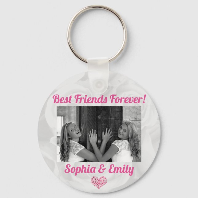 Best Friends Besties BFF Add Photo Names Cute Pink Key Ring (Front)