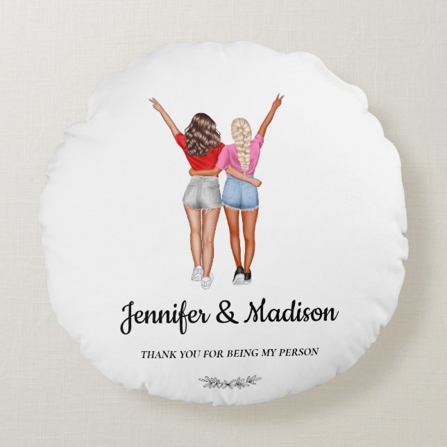 Best Friends BFF Besties Friendship Custom Name Round Cushion (Front)