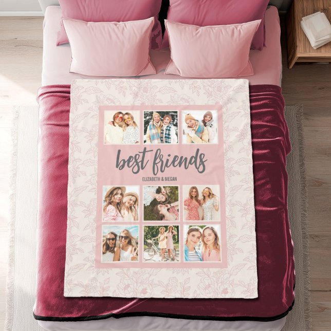 Best Friends BFF Pink Photo Collage with Names Fleece Blanket (Personalize this pretty pink best friends blanket with 6 photos and your names. Makes a fun gift.)
