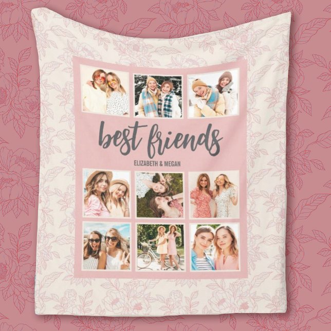 Best Friends BFF Pink Photo Collage with Names Fleece Blanket (Personalize this pretty pink best friends blanket with 6 photos and your names. Makes a fun gift.)