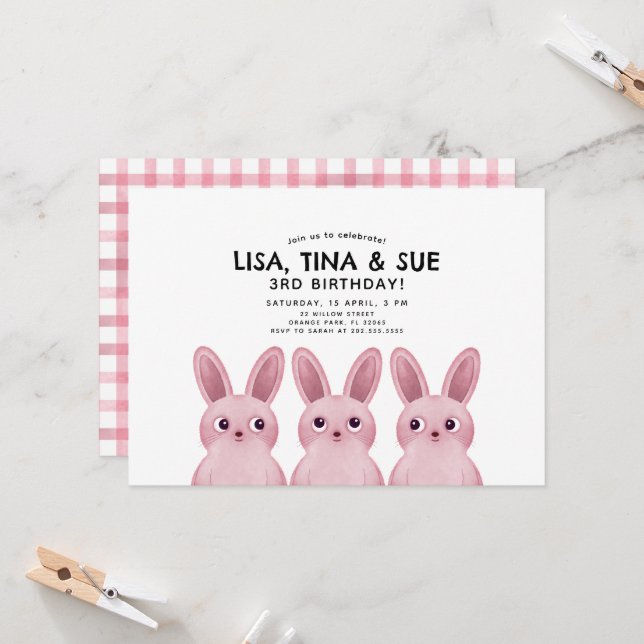 Best Friends birthday party with pink bunnies Invitation (Front/Back In Situ)