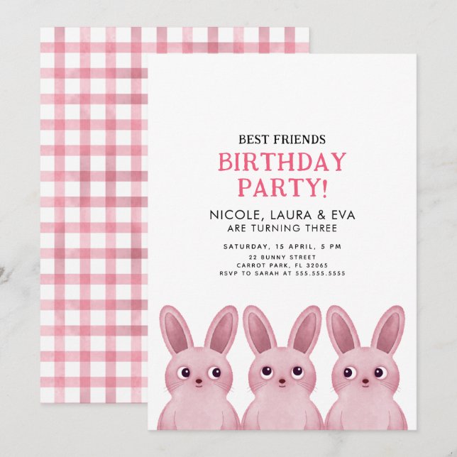 Best friends birthday party with three bunnies invitation (Front/Back)