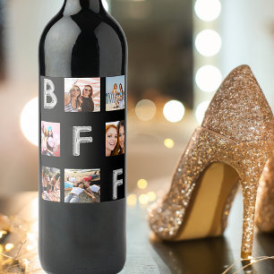 Best friends black silver photo collage BFF Wine Label