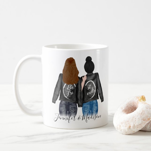 Best Friends Brunette Dark Bun Hair BFF Besties Coffee Mug (With Donut)