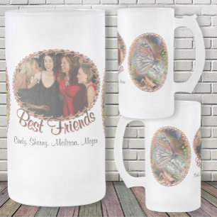 Best Friends Butterfly Flowers Frosted Glass Beer Mug