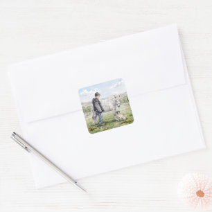 Best Friends-Child with Pony and Dog in an Orchard Square Sticker