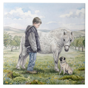 Best Friends-Child with Pony and Dog in an Orchard Tile