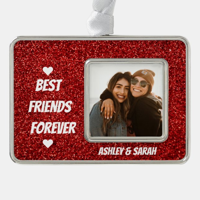 Best Friends Custom Photo and Name Red Glitter Silver Plated Framed Ornament (Front)