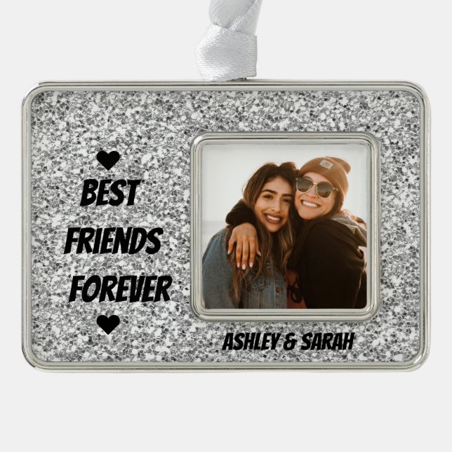Best Friends Custom Photo and Name silver Glitter Silver Plated Framed Ornament (Front)