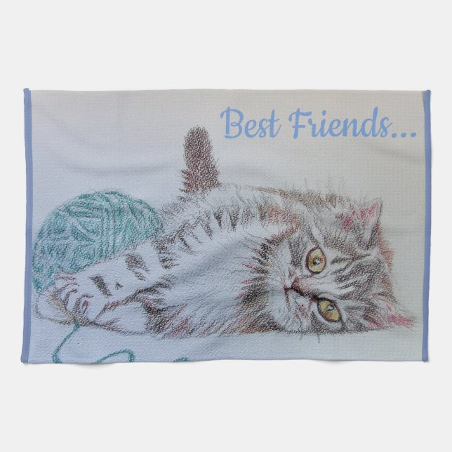 Best Friends Cute Cat Art Kitchen Tea Towel (Horizontal)