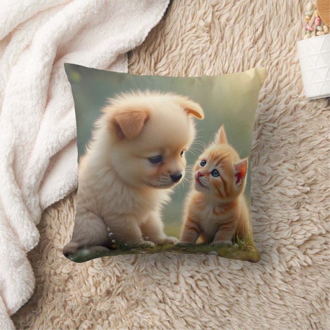 Best friends - cute puppy and kitten in the grass cushion (Blanket)