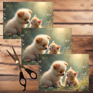Best friends - cute puppy and kitten in the grass tissue paper
