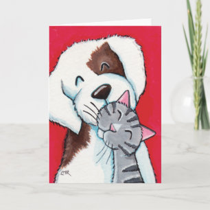 Best Friends - Cute Whimsical Tabby Cat & Dog Art Card