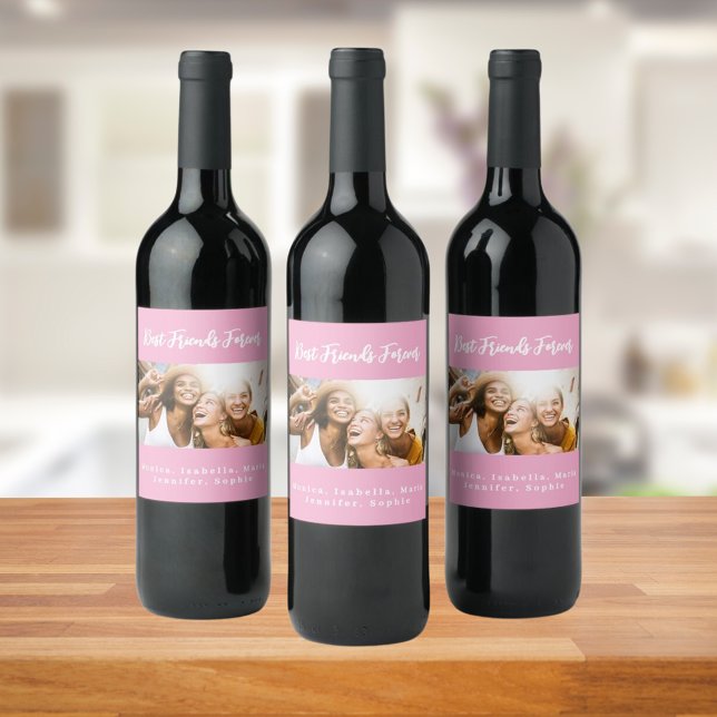 Best friends forever besties pink photo wine label (Creator Uploaded)