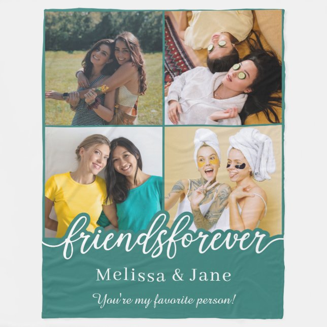 best friends forever cute 4 photos collage Teal Fleece Blanket (Front)