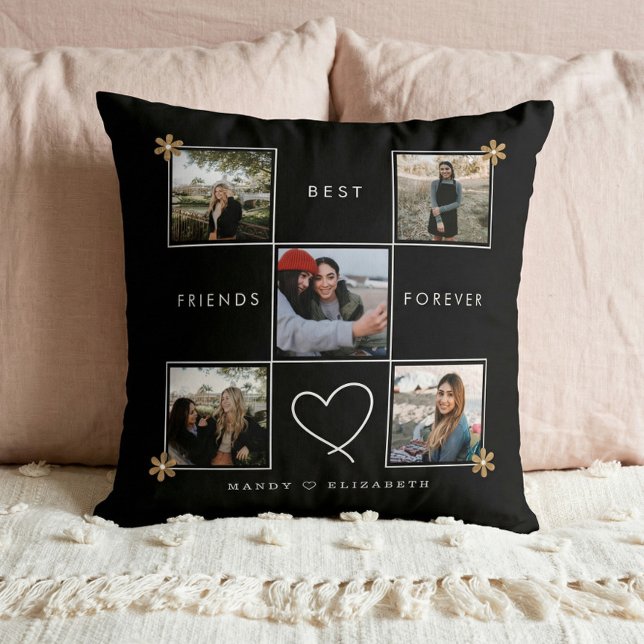 Best Friends Forever Five Photo Collage Black Cushion (Best Friends Forever Photo Collage BFF Keepsake Throw Pillow)