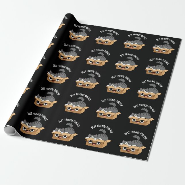 Best Friends Forever Funny Cat And Box Pun Dark BG Wrapping Paper (Unrolled)