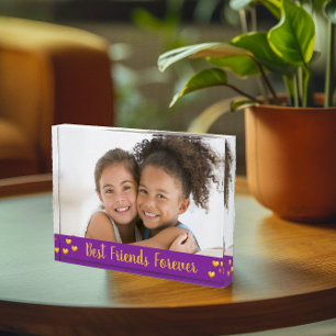 Best Friends Forever Gold Hearts Script Purple Photo Block